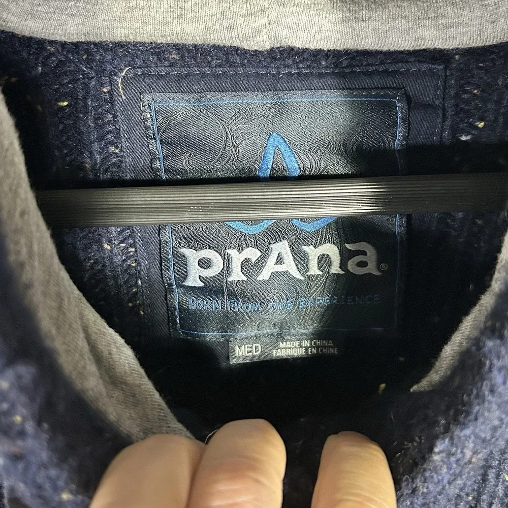 prAna Mens Hooded Henley Sweater Mmedium Lambswool Blend Blue Chunky Knit Toggle
